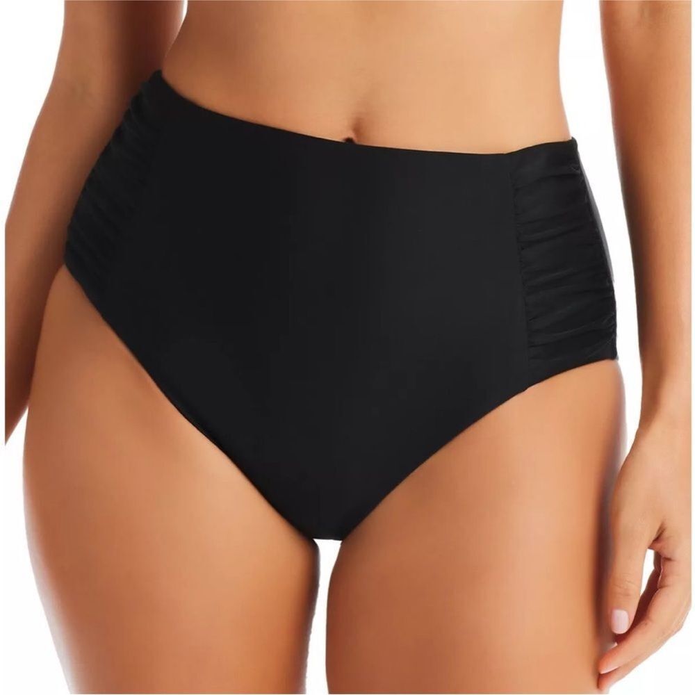 BAR III Womens Size XS Shirred High-Rise Bikini Bottoms Black